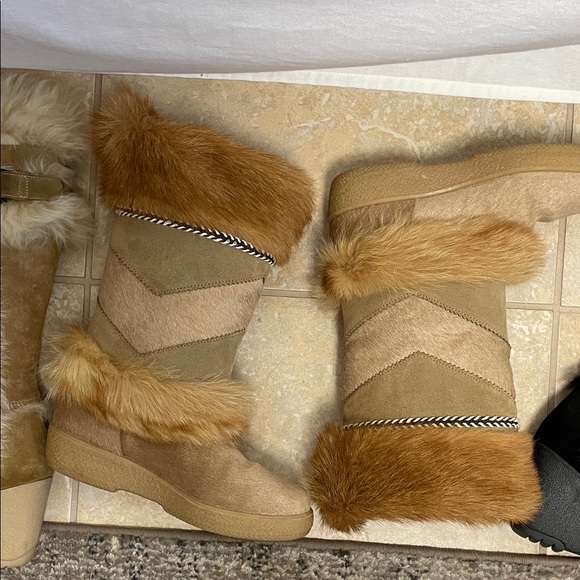 ITALY Leather suede Real fur Sherpa Tan mink Fur Trimmed Women Boots SKI WINTER - Picture 14 of 15